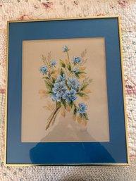 Framed Pastel Drawing Of Blue Flowers Signed Sybil, Dated 1975