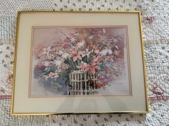 Framed Floral Watercolor Print By Artist Dawna Barton, Dated 1987