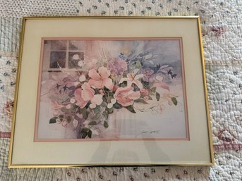 Framed Floral Watercolor Print By Artist Dawna Barton, Dated 1986.