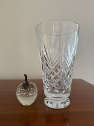 Waterford Crystal Innisfree Pattern Footed Vase And Glass Apple Paperweight With A Brass Stem