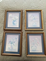 Set Of Four Framed Decorative Floral Prints With Pastel Colors