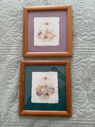 Handmade Pressed Wildflower Baskets Art On Textured Paper In A Gold Frame.