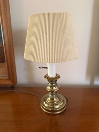 Vintage Brass Candlestick Table Lamp With A Pleated Shade.