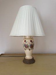 Vintage Ceramic Table Lamp With Floral Decoration And Pleated Shade