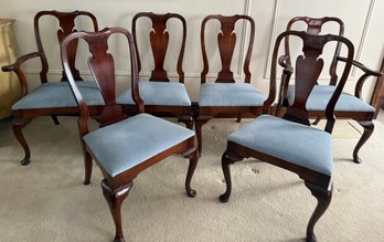 Set Of Six Mahogany Queen Anne Style Upholstered Dining Chairs