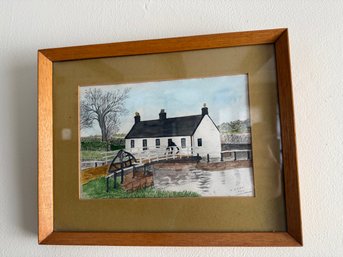 Signed Watercolor Painting Of A Canal Lock And Building By R. Curr