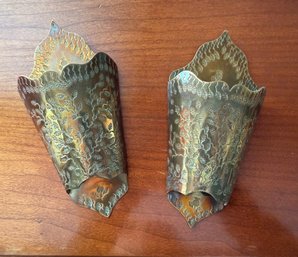 Pair Of Antique Brass Wall Pockets With Embossed Thistle And Vine Motifs