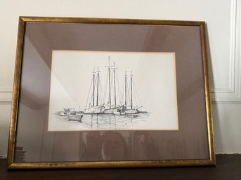 Framed Pen-and-ink Drawing Of Schooners