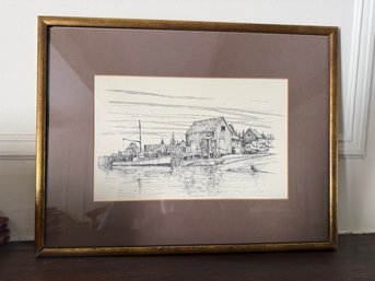 Pen And Ink Drawing Of A New England Harbor Scene