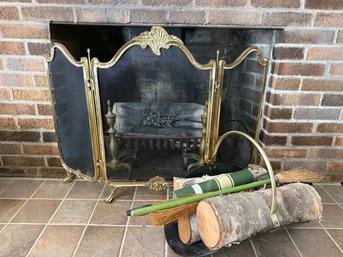 Fireplace Screen, Wood Basket, Ash Brooms Andirons, And Electric Wood