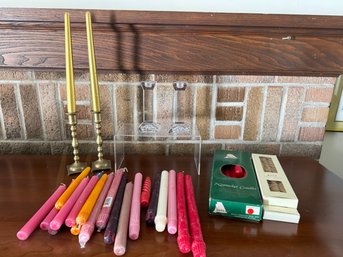 Candle Lot: Brass Candle Holder, Glass Royal Doulton & A Bunch Of Taper Candles