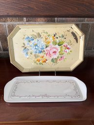 Nashco Products Hand-painted Metal Toleware Tray & Johnson Brothers Eternal Beau Melamine Sandwich Tray