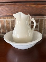 Antique Ironstone Pitcher And Wash Basin Set With Crazed Glaze.