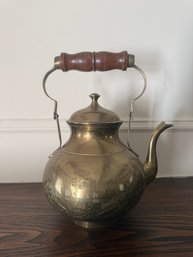 Engraved Brass Teapot With Wooden Handle And Floral Motifs