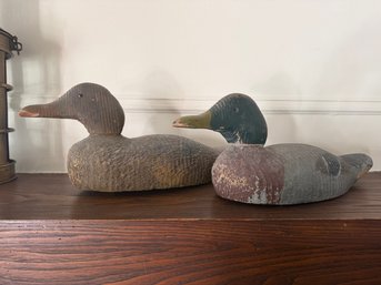 Pair Of Vintage Carved Wooden Duck Decoys With Primitive Styling