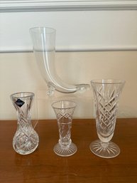 Krosno Polish Glass Beer Horn, Waterford Crystal Bud Vase, English Stuart Vase & Edinburgh Crystal Vase
