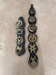 Vintage Brass Horse Brasses On Leather Straps With Various Decorative Motifs