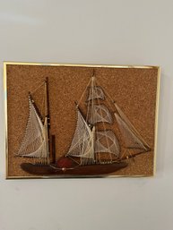 Vintage String Art Sailboat On Corkboard With A Gold-toned Frame