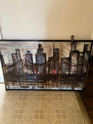 Contemporary Mixed-media Artwork Of A Cityscape With A Wire Sculpture