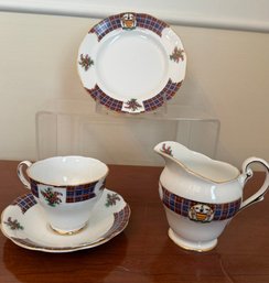 Bonnie Scotland Clan Cameron Tea Cup/saucer, Dessert Plate And Creamer