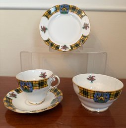 Bonnie Scotland Clan Macleod Cup/saucer, Dessert Plate And Sugar Bowl