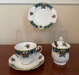 Bonnie Scotland Clan Campbell Tea Cup/saucer, Dessert Plate, And Sugar Bowl With Lid
