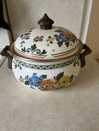 Vintage ASTA Enamelware Pot With Lid And Hand-painted Floral Design