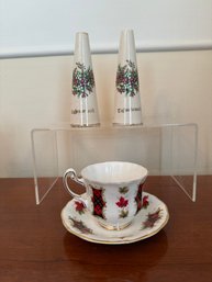 Royal Adderley Maple Leaf Tartan & Vintage Ceramic Salt/pepper Shakers W/ Heather Motif And Gaelic Inscriptio