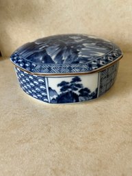 Tiffany & Co. Blue And White Porcelain Lidded Trinket Box With Landscape Decor