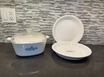 Blue Flower Corning Ware: Lidded Casserole Dish, And 2 Pie Plates