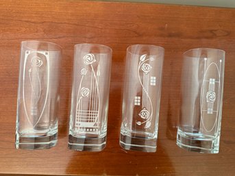 Set Of Four Etched Glass Tumblers With Art Nouveau-inspired Floral Designs