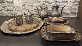Silver Plate Trays, Creamer/sugar, Tea Pots And More