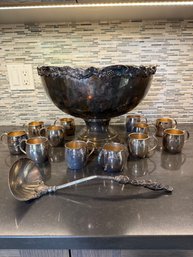 Silver Plate Punch Bowl, Cups And Ladle.