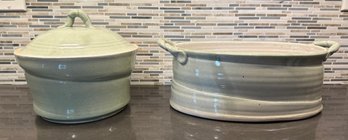 Studio Pottery Lidded Bowl And Oval Pot