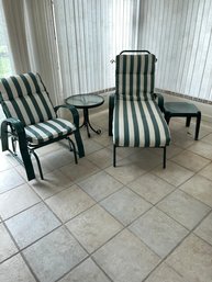 Aluminum Glider And Chaise Lounge Chair With Outdoor Cushions, Round Glass Top Table And Plastic Side Table