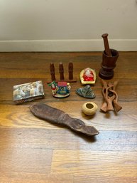 Wooden Mortar And Pestle Set, Handcrafted Wooden Figurines, And A Decorative 'Piragua' Souvenir  & More
