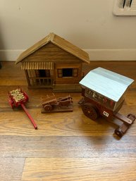 Decorative Miniature House, Puerto Rican Piragua Cart, Wooden Bullock Cart & Small, Red-painted Wooden Cart