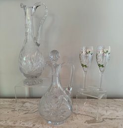 Cut Glass Decanters, And 2 Flowered Champagne Glasses