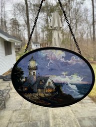Oval Stained Glass Suncatcher Depicting A Lighthouse By Thomas Kinkade