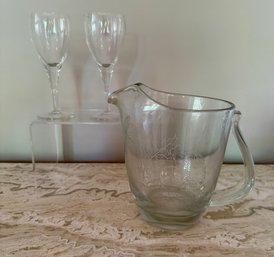 Etched Pitcher And 2 Wine Glasses