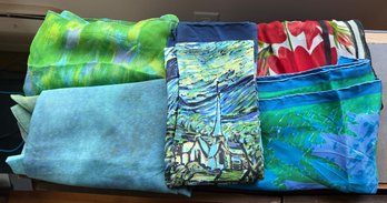 Collection Of Neckerchiefs: Starry Night, Vera Neumann Silk Scarf Abstract Blue And Green Design & More