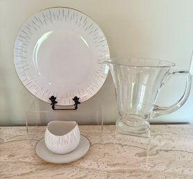 Atomic Like Johann Haviland Bavaria Platter/Gravy Boat And Mid Century Modern Glass Pitcher