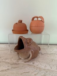 Red Pottery Apple, Garlic Roasters And Frog Sponge Holder