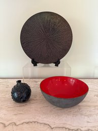 Pottery Blow Fish, Vintage Red Enamel And Black Bowl And Table Passion Plate