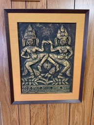 Framed Thai Embossed Rubbing Of Two Dancing Figures, Possibly Apsaras