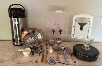 Kitchen Cabinet: Egg Poacher Pan, Bagel Cutter, Utensils, Coffee Disipnser And More
