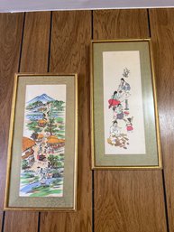 Two Framed Korean Folk Art Pieces Depicting Village Life And Domestic Scenes