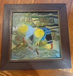 Framed Carved Woodblock Painting Of Asian Farmers Harvesting Crops By T. Leena