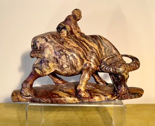 Carved Chinese Soapstone Boy On Water Buffalo