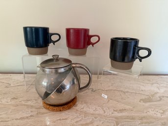 Metal Tea Pot And Stackable Aizan Pottery Cups
